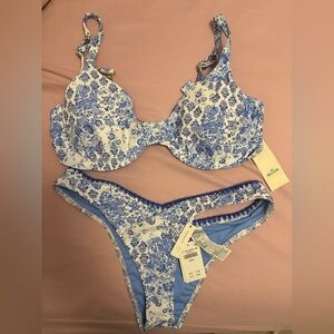 Hollister Blue and White Floral Bikini